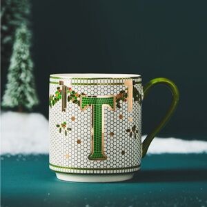 NEW Anthropologie Bistro Tile Holiday Monogram Mug Letter T